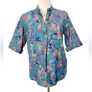 GAP Floral Chambray Tunic Top Women’s Size Medium Blue Watercolor 100% Cotton